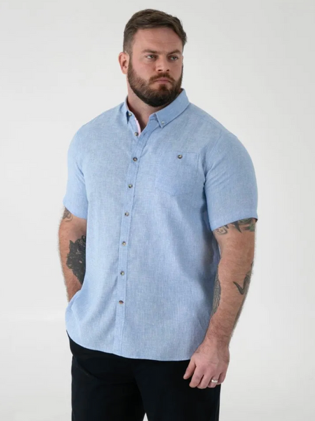 Duke Clarke Linen Mix Short Sleeve Shirt - Blue - jjdonnelly